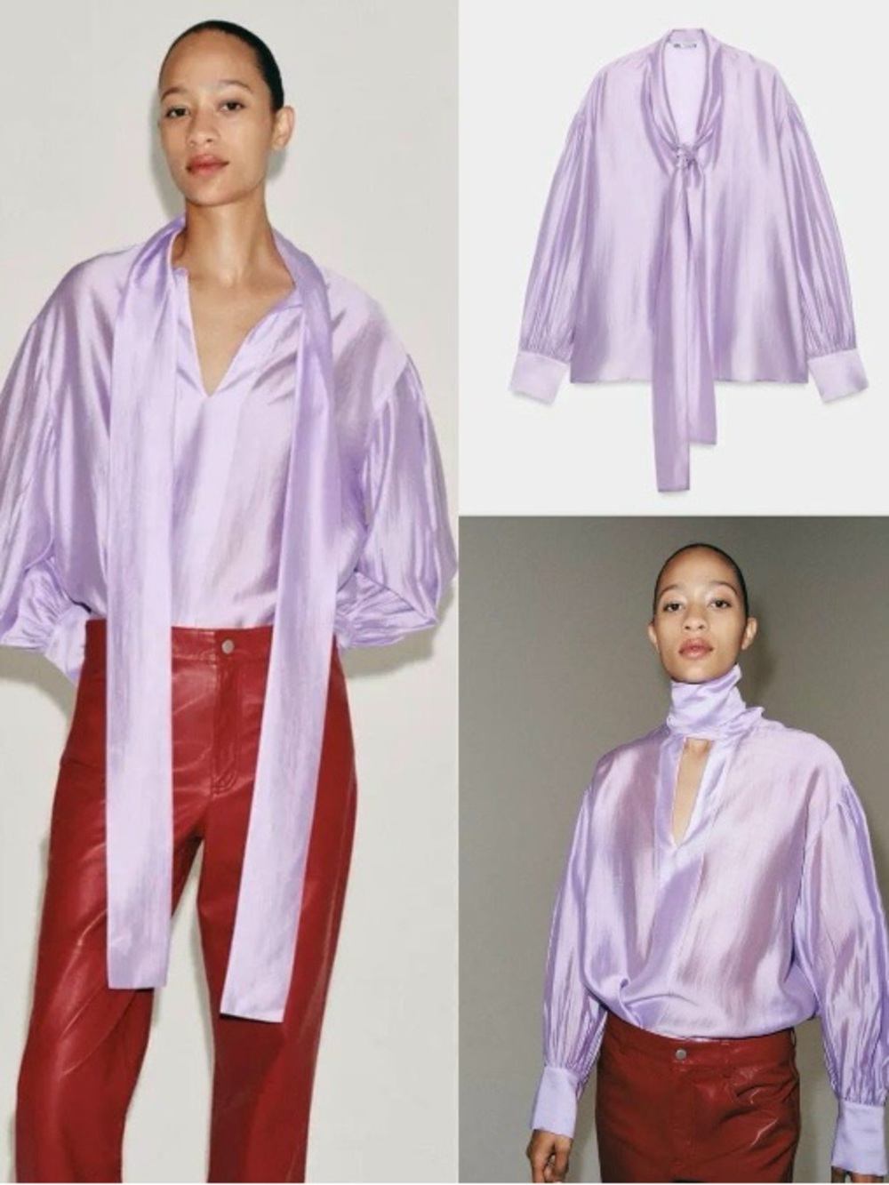 Zara Lilac Satin Tie-Neck Blouse